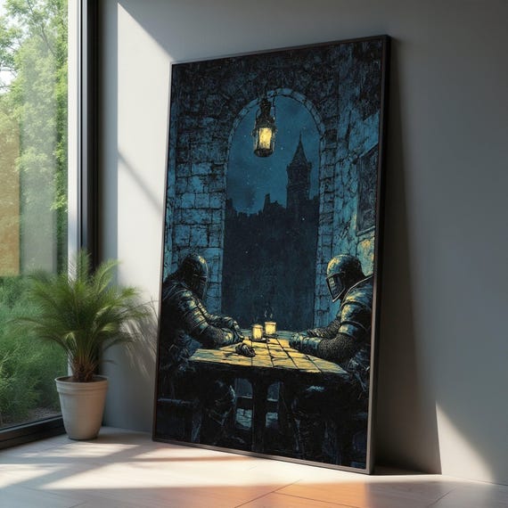 Medieval Knights Canvas Wall Art Dark Castle Interior Gothic Armor Illustration Candlelit Fantasy Scene Historical Decor