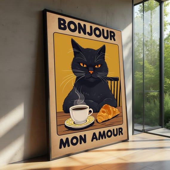 Bonjour Mon Amour Black Cat Coffee Croissant French Retro Poster