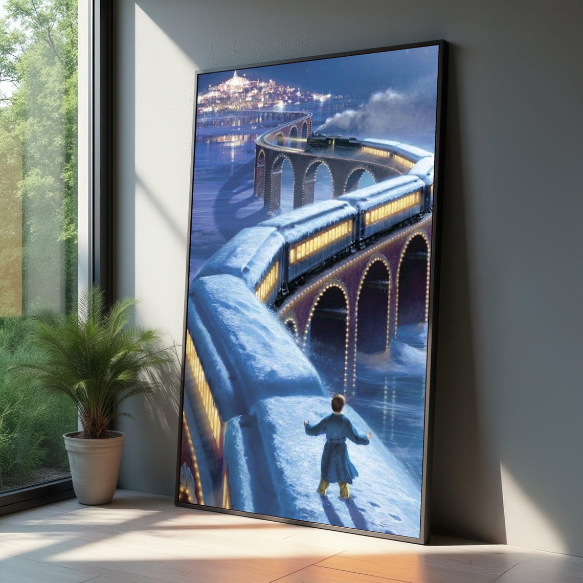 Magical Winter Holiday Train Snowy Viaduct Night Scene Art Poster