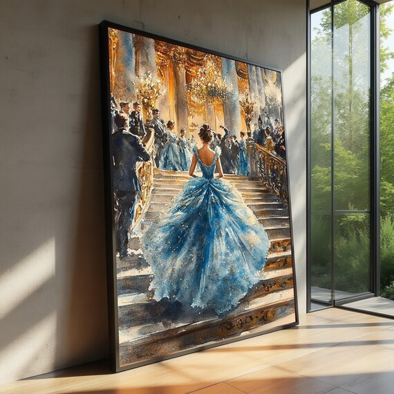 Elegant Blue Ball Gown Princess Grand Staircase Ballroom Watercolor Poster