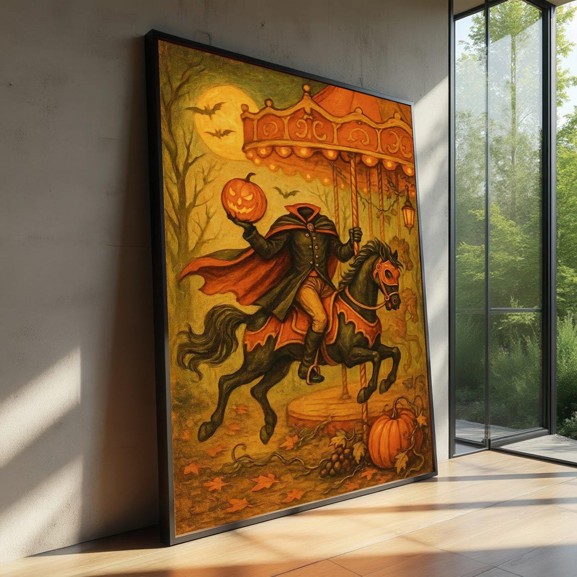 Headless Horseman Halloween Carousel Pumpkin Rider Spooky Art Poster