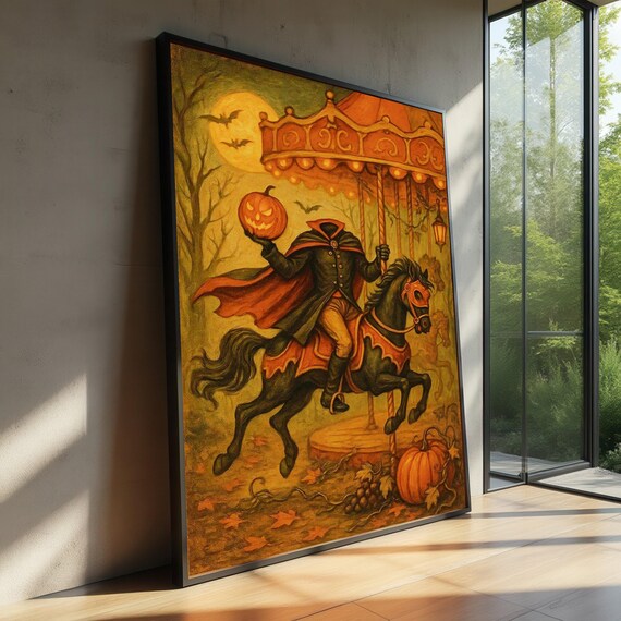 Headless Horseman Halloween Canvas Spooky Pumpkin Rider Wall Art Gothic Autumn Decor Haunted Carousel Scene Party Decoration