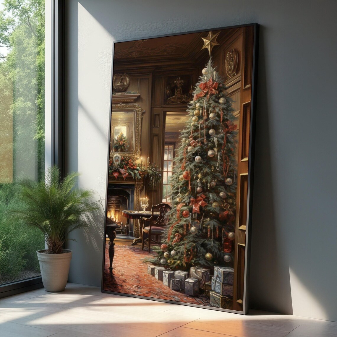 Classic Christmas Tree Elegant Living Room Fireplace Holiday Decor Poster