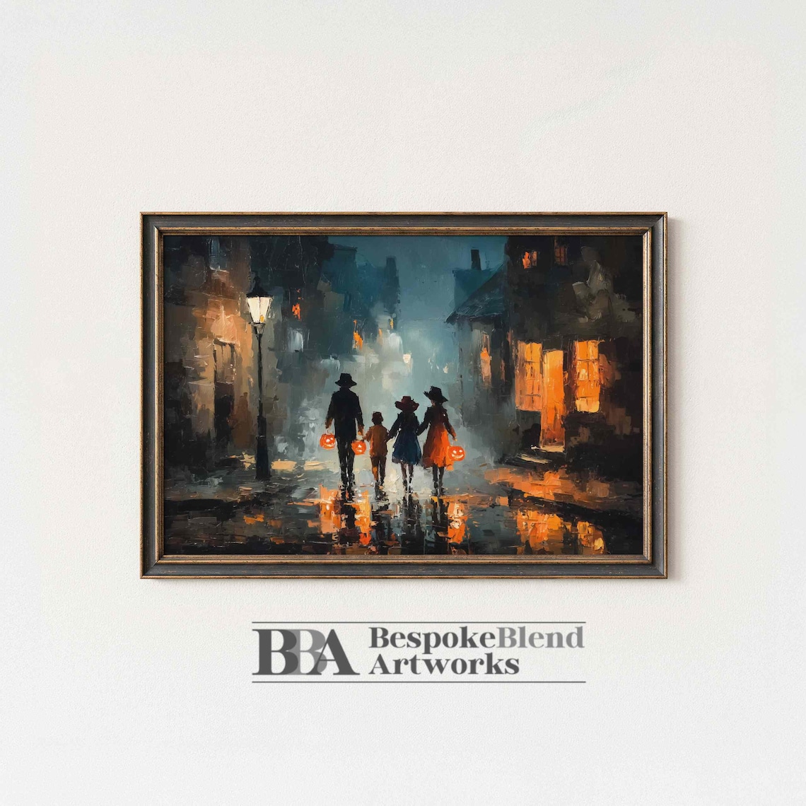 Halloween Family Trick Or Treat Rainy Lantern Street Painting Poster