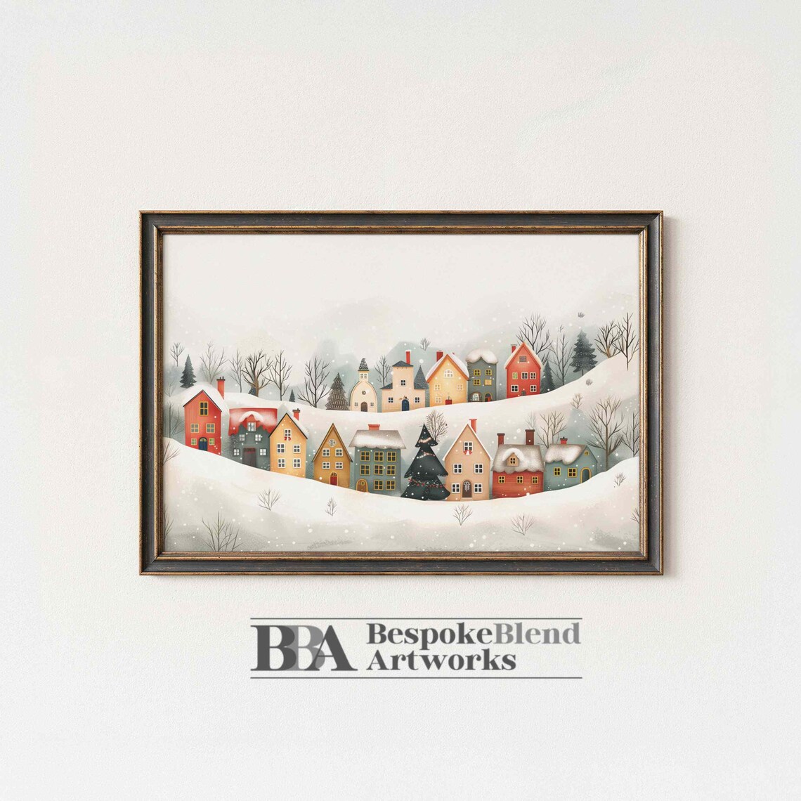 Snowy Christmas Village Hillside Festive Winter Holiday Town Poster