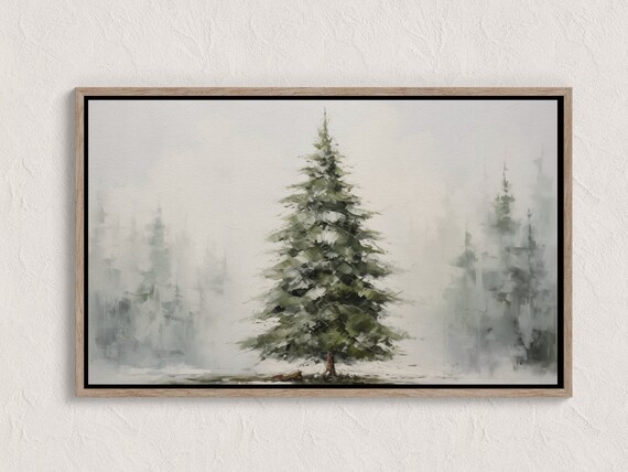Evergreen Pine Tree in Snowy Winter Mist Watercolor Painting Wall Art