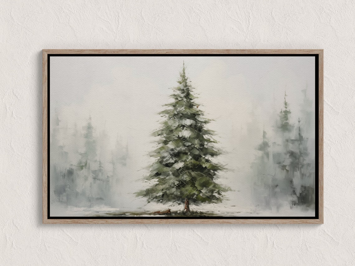 Evergreen Pine Tree in Snowy Winter Mist Watercolor Painting Wall Art