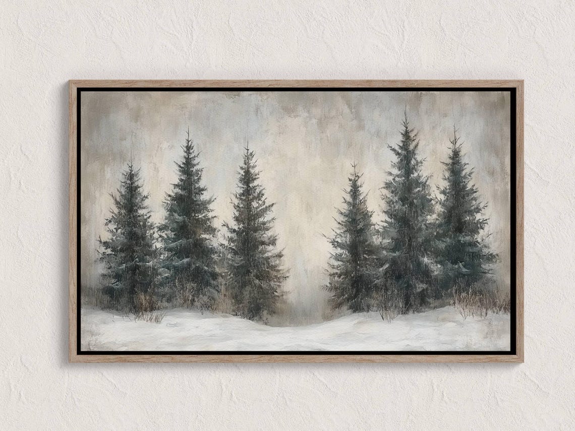 Misty Snowy Pine Trees Winter Forest Landscape Painting Style Poster