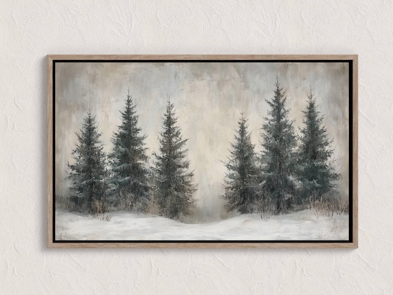 Misty Snowy Pine Trees Winter Forest Landscape Painting Style Poster