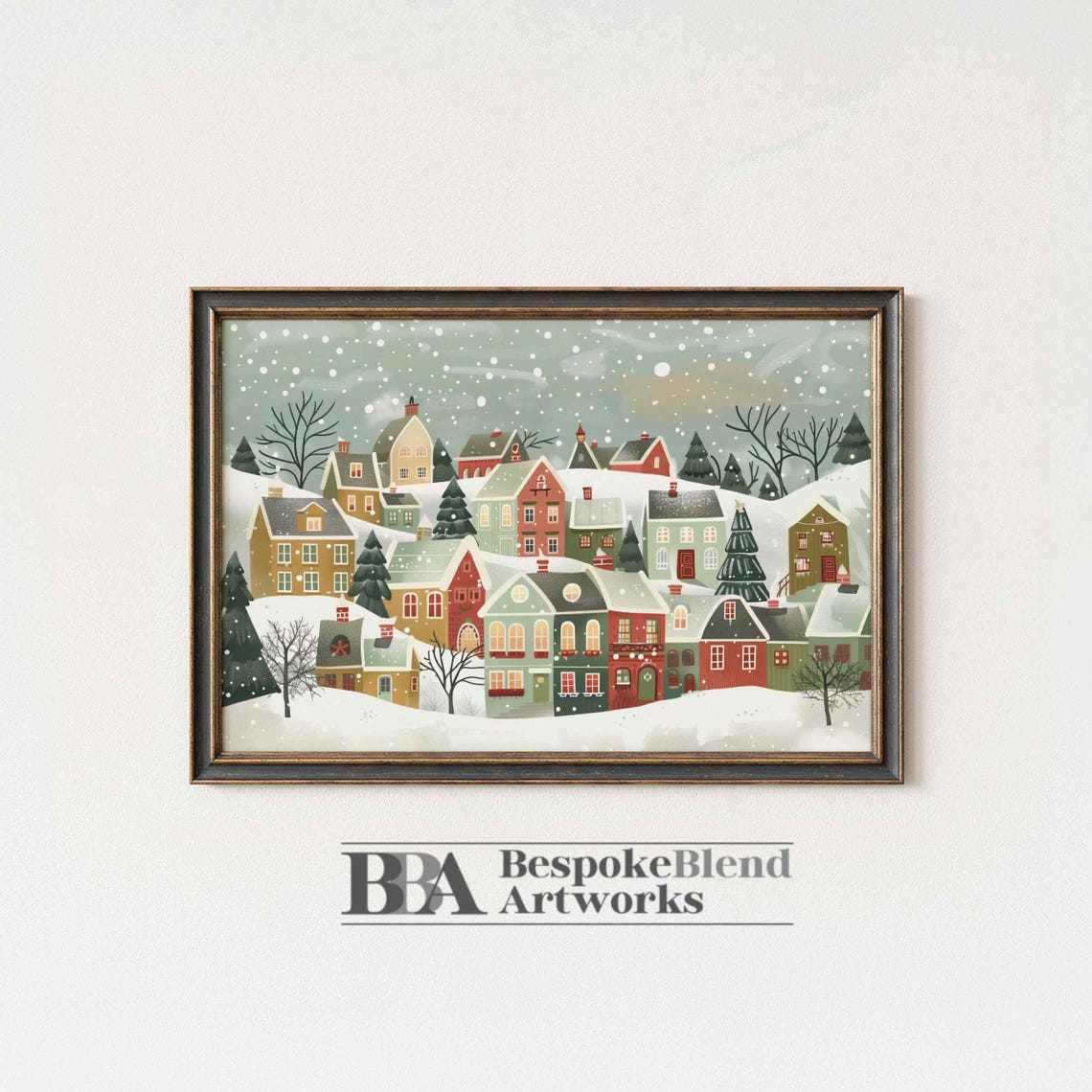Snowy Village Glowing At Dusk Falling Snow Winter Painting Poster