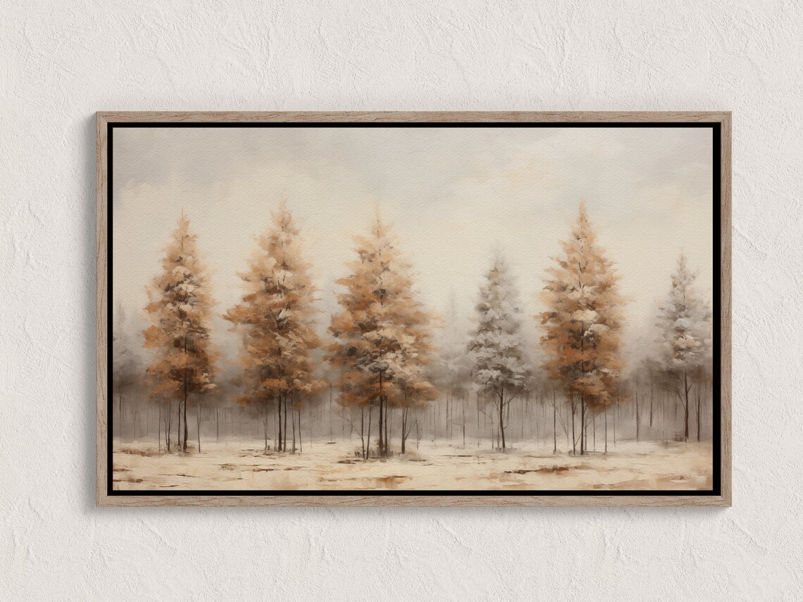 Golden Winter Pine Forest Misty Snowy Trees Painting Landscape Poster