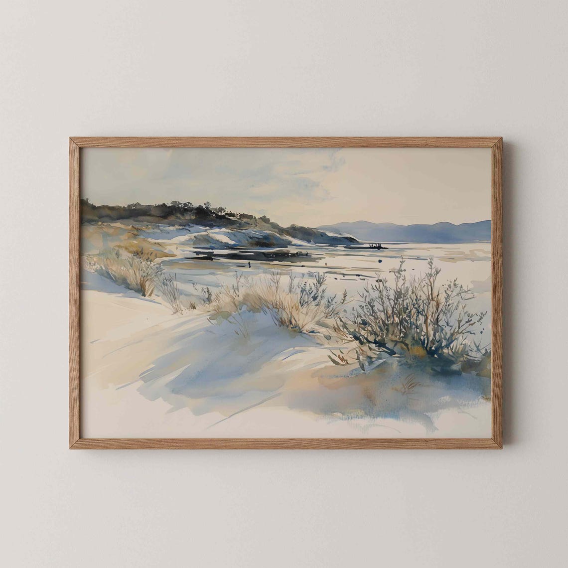 Neutral Watercolor Coastal Marsh Dune Grasses Tranquil Scene Poster