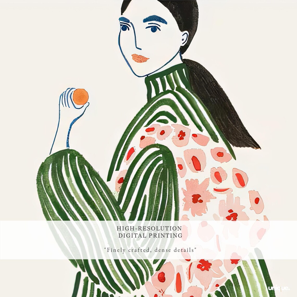 Charming La Poire Woman in Green Striped Coat Floral Art Poster - Image 2