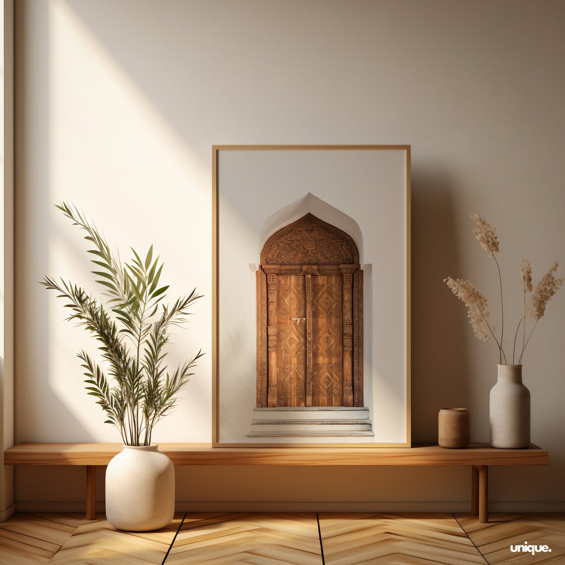 Hand Carved Wooden Arched Timber Door Against White Wall Poster - Image 2