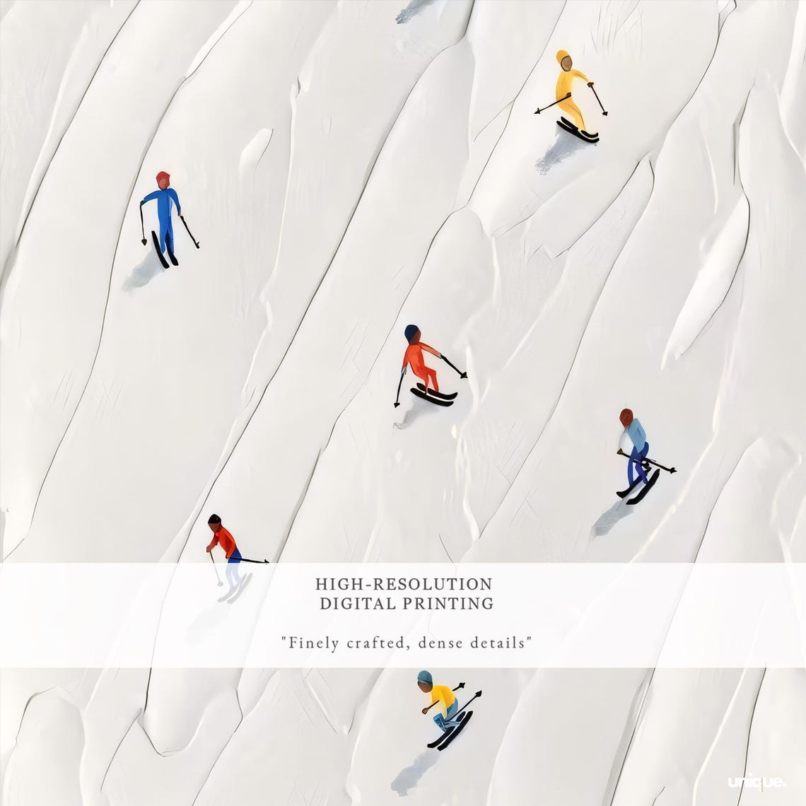 Minimalist Ski Slope White Snow Tiny Colorful Skiers Art Print - Image 2