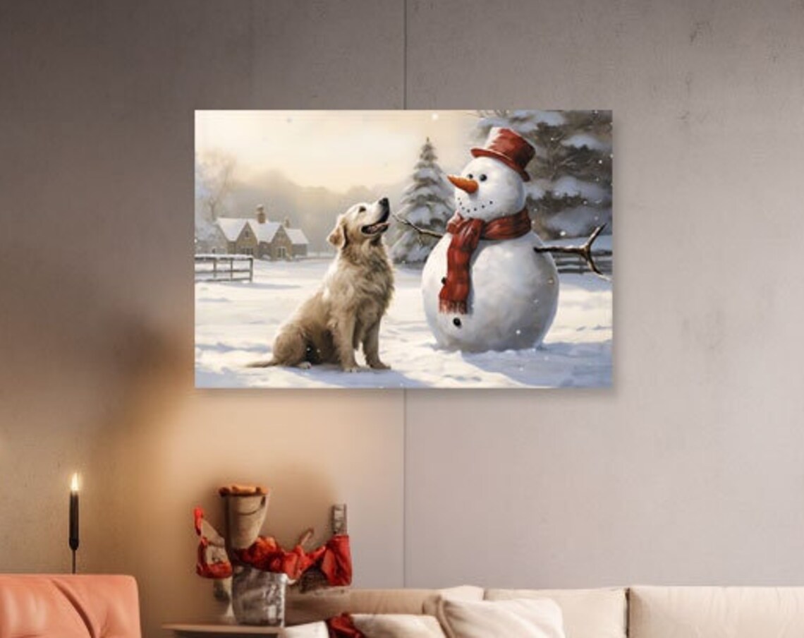 Golden Retriever Dog with Snowman Winter Christmas Scene Poster