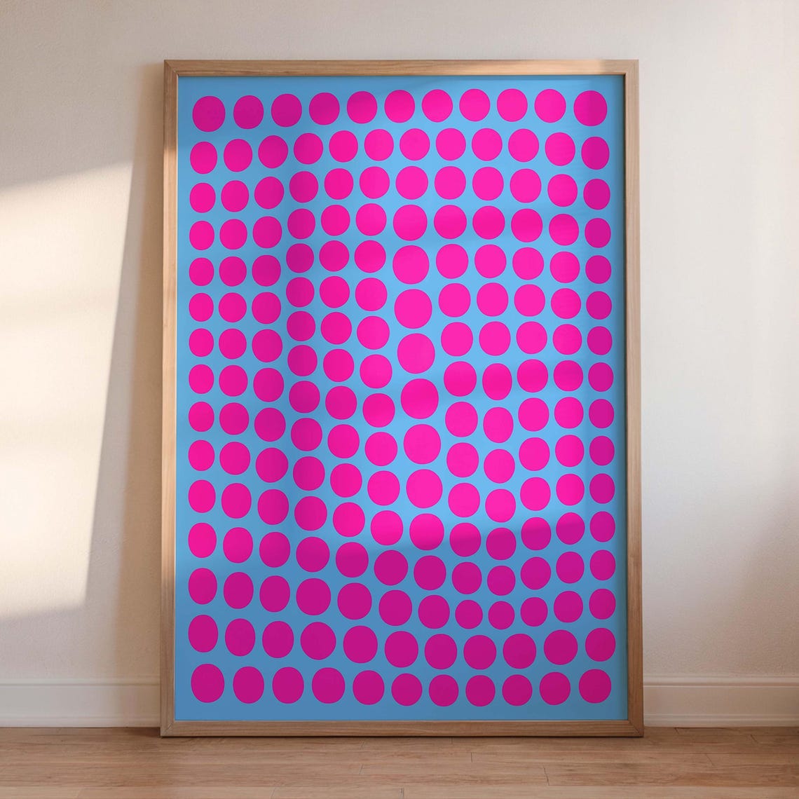 Pink Polka Dots on Bright Blue Bold Retro Pop Pattern Wall Art