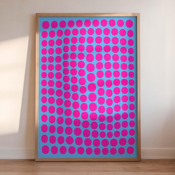 Trippy Wall Art Colorful Abstract Hand Drawn Pink Blue Retro Illustration Apartment Decor