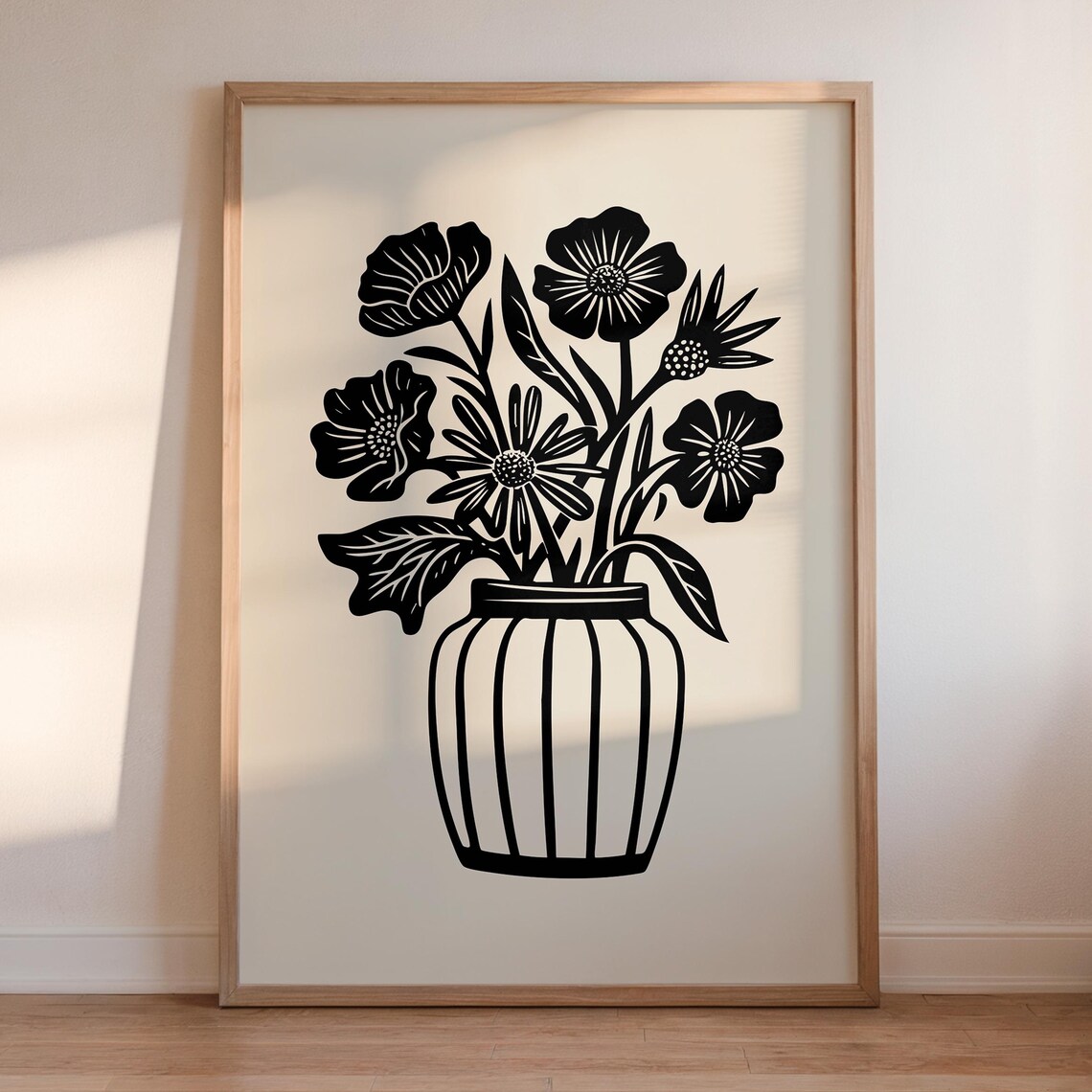 Black and White Floral Bouquet in Vase Bold Botanical Line Art Poster