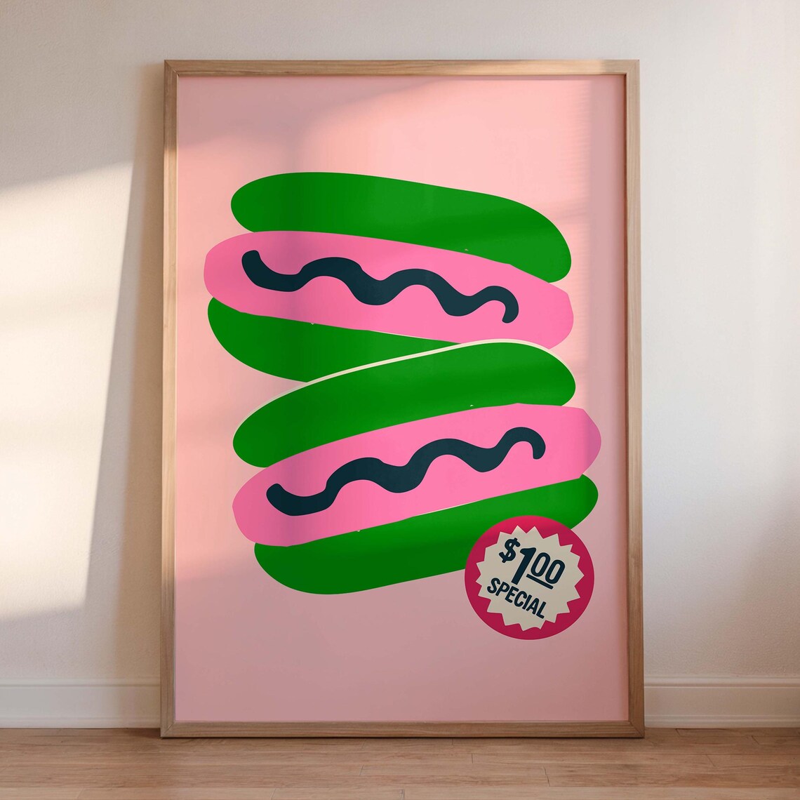 Retro Hot Dog Kitchen Poster Pink Green Fun 1 Dollar Special Art