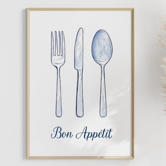 Kitchen Poster Bon Apptit Decoration Scandi Style Cutlery Blue And White Illustration Minimalist Wall Art Vintage Atmosphere