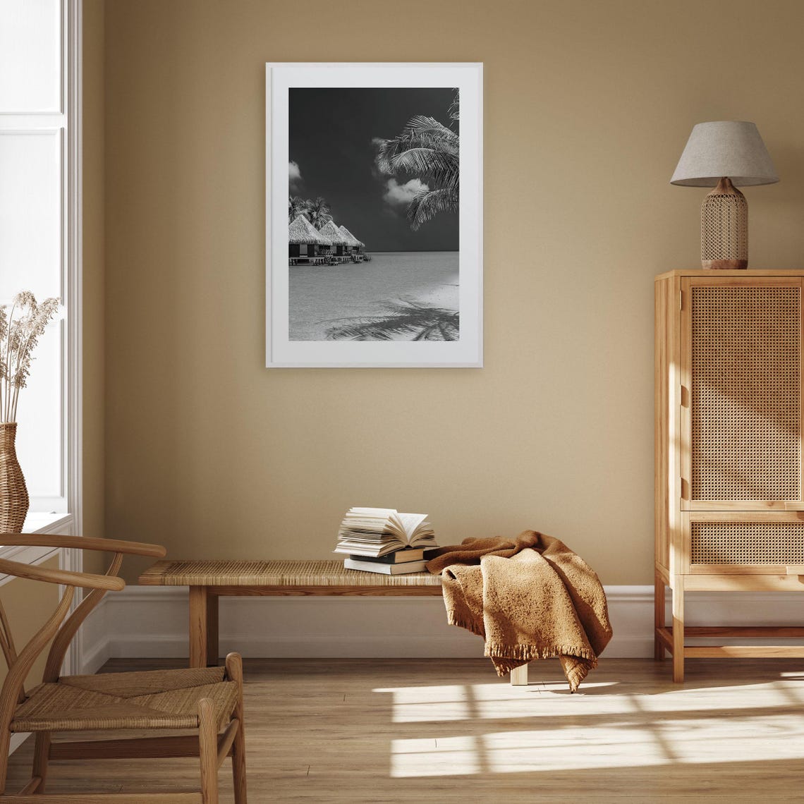 Maldives Overwater Bungalows Palm Beach Black and White Poster - Image 3