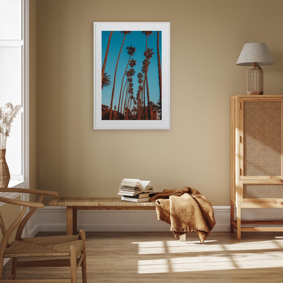 Towering Palm Trees Against Clear Blue Sky Golden Hour Print - Image 3