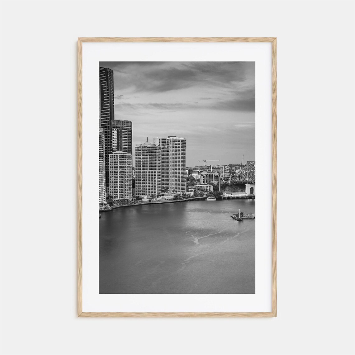 Brisbane River Skyline and Story Bridge Black and White Photo Poster