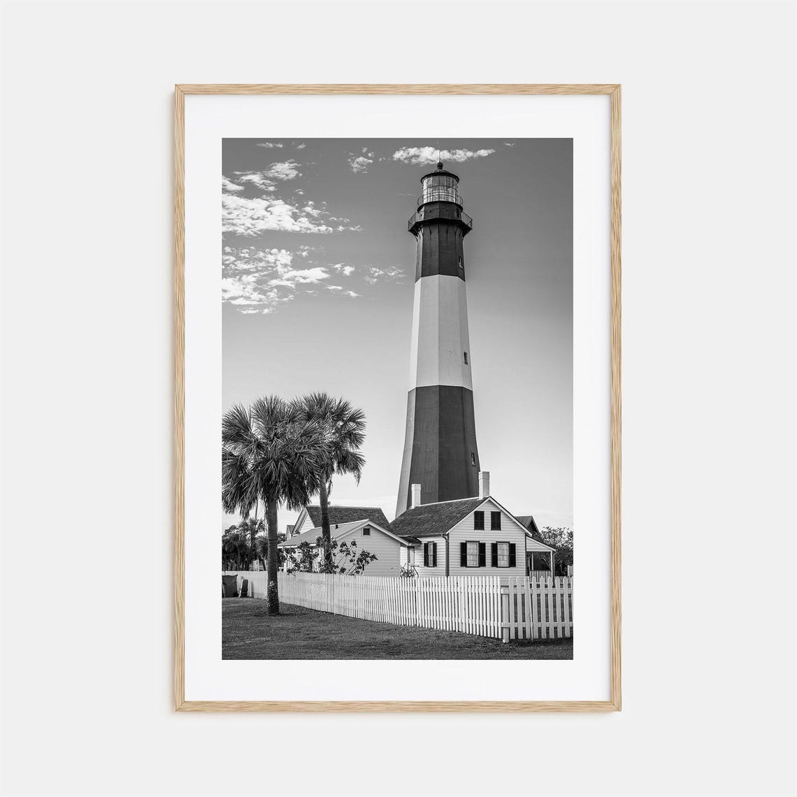 Tybee Island Striped Lighthouse Palm Trees Black And White Poster