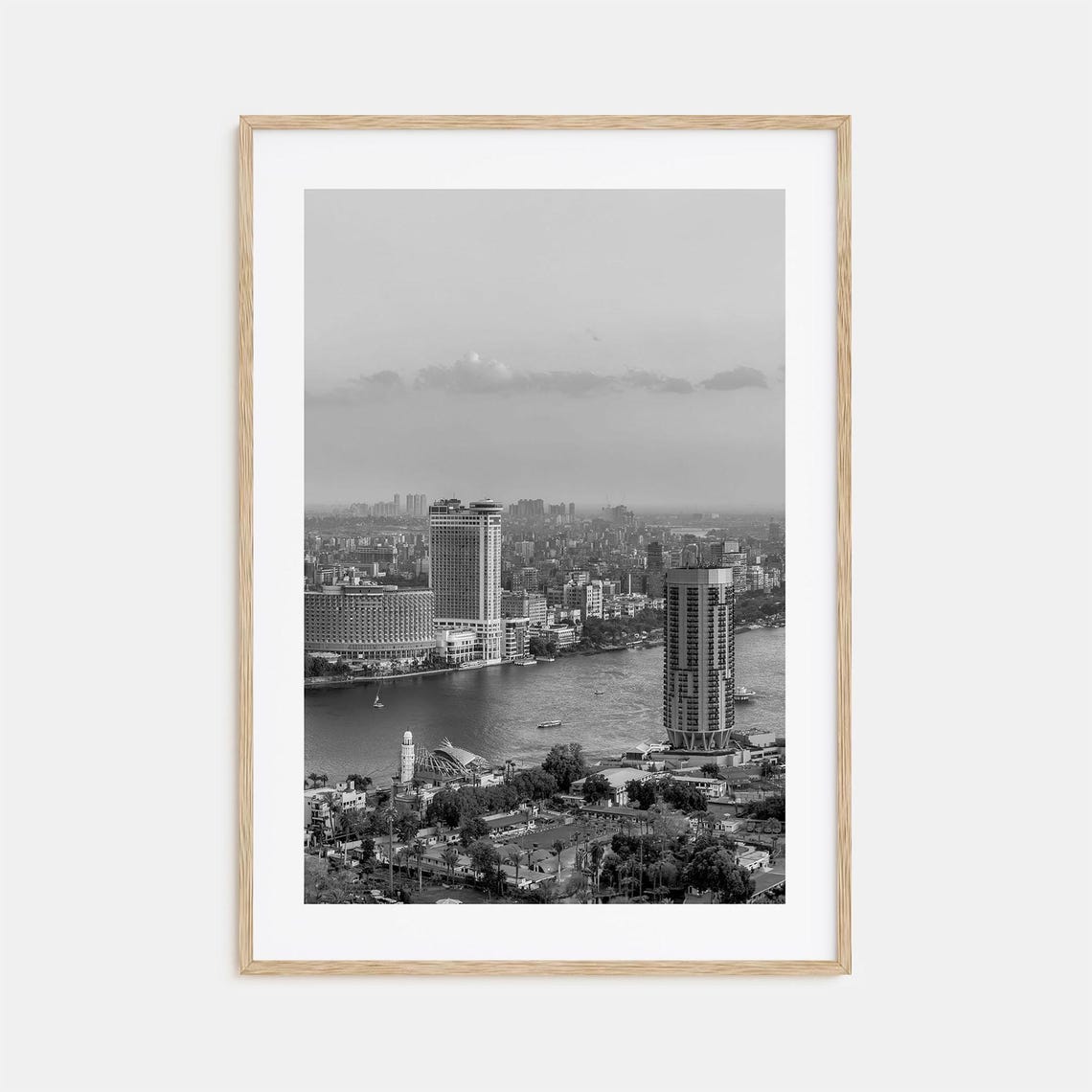Cairo Egypt Nile River Skyline Towers Black White Photo Poster