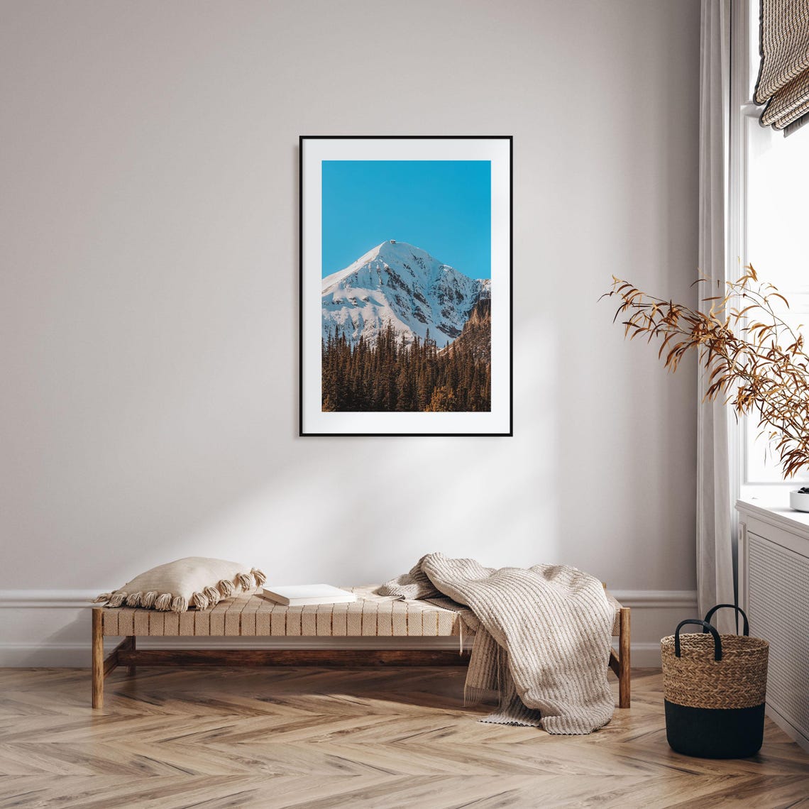 Snow Capped Mountain Peak Pine Forest Blue Sky Photo Art Print - Image 2