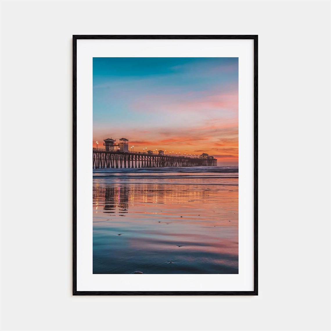 Oceanside Pier Sunset Lights Reflection Wet Sand Beach Poster