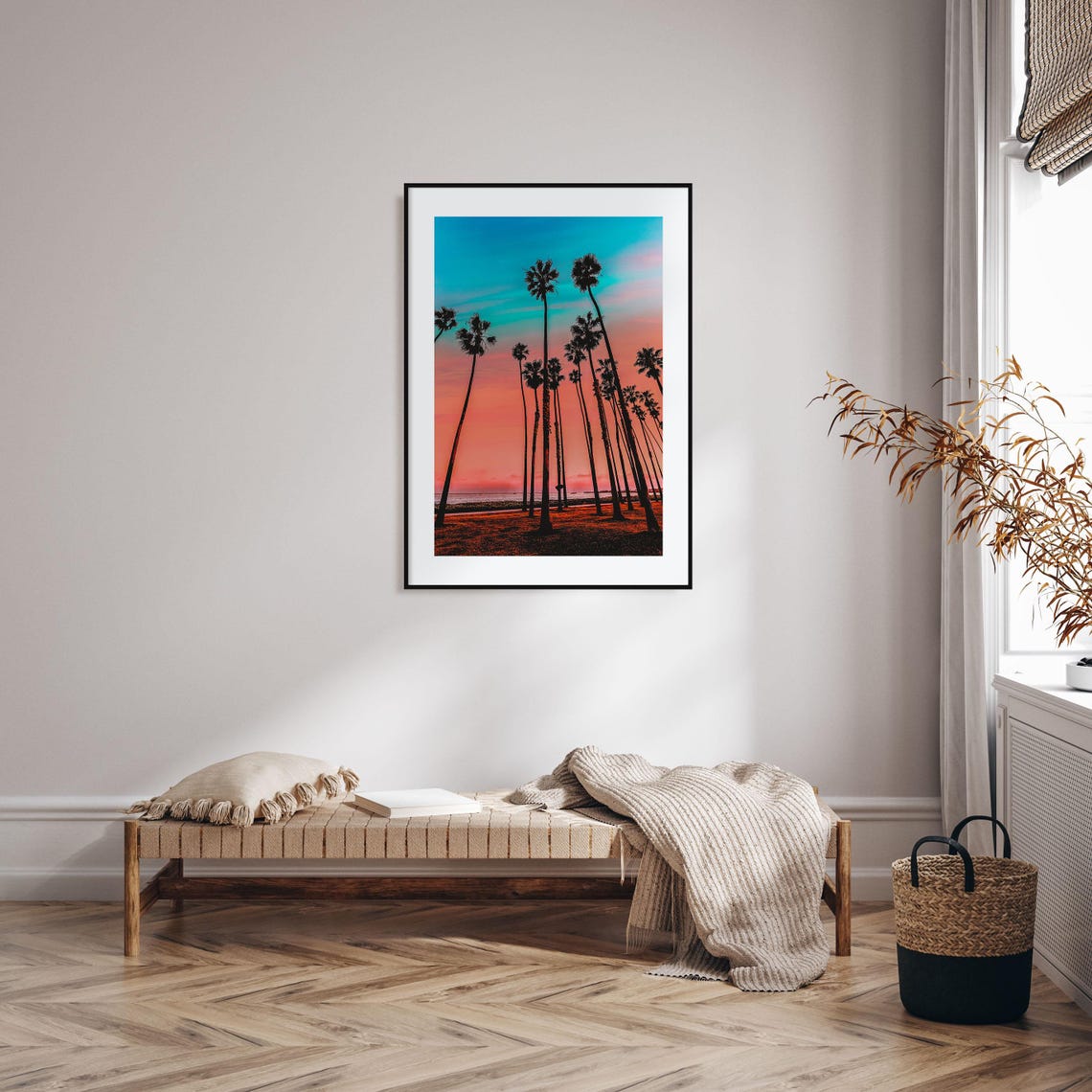 California Palm Trees Against a Teal and Coral Sunset Poster - Image 2