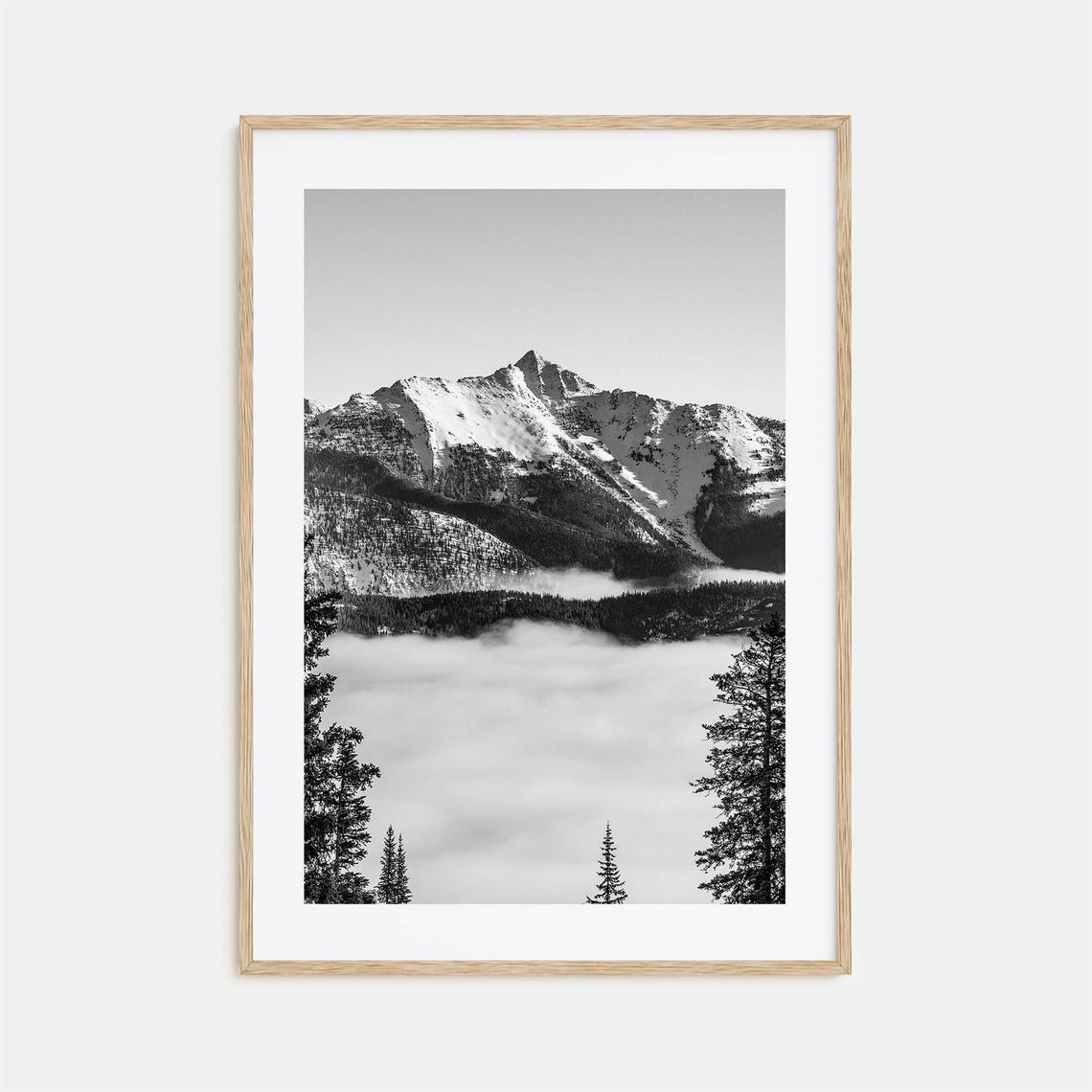 Big Sky Snowy Mountain Peak Above Clouds Black And White Poster