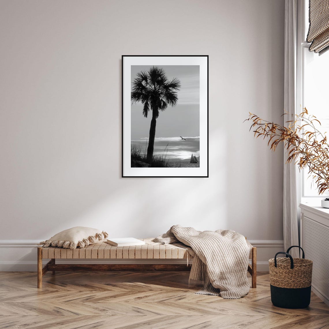 Clearwater Palm Tree Silhouette Sunset Sailboat Black White Poster - Image 2
