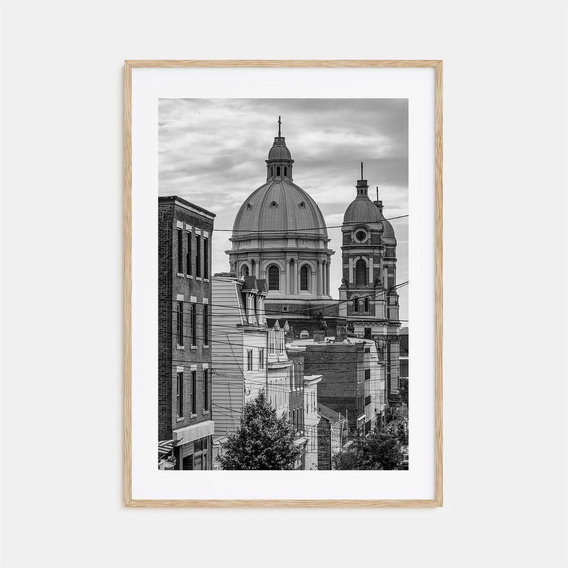 Pittsburgh Domed Cathedral Above City Street Black and White Poster