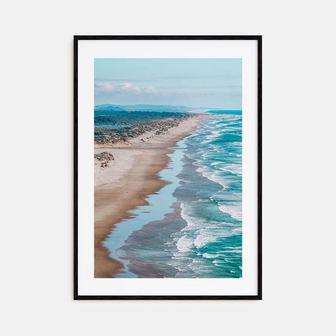 Wide Sandy Beach with Gentle Ocean Waves and Distant Hills Print