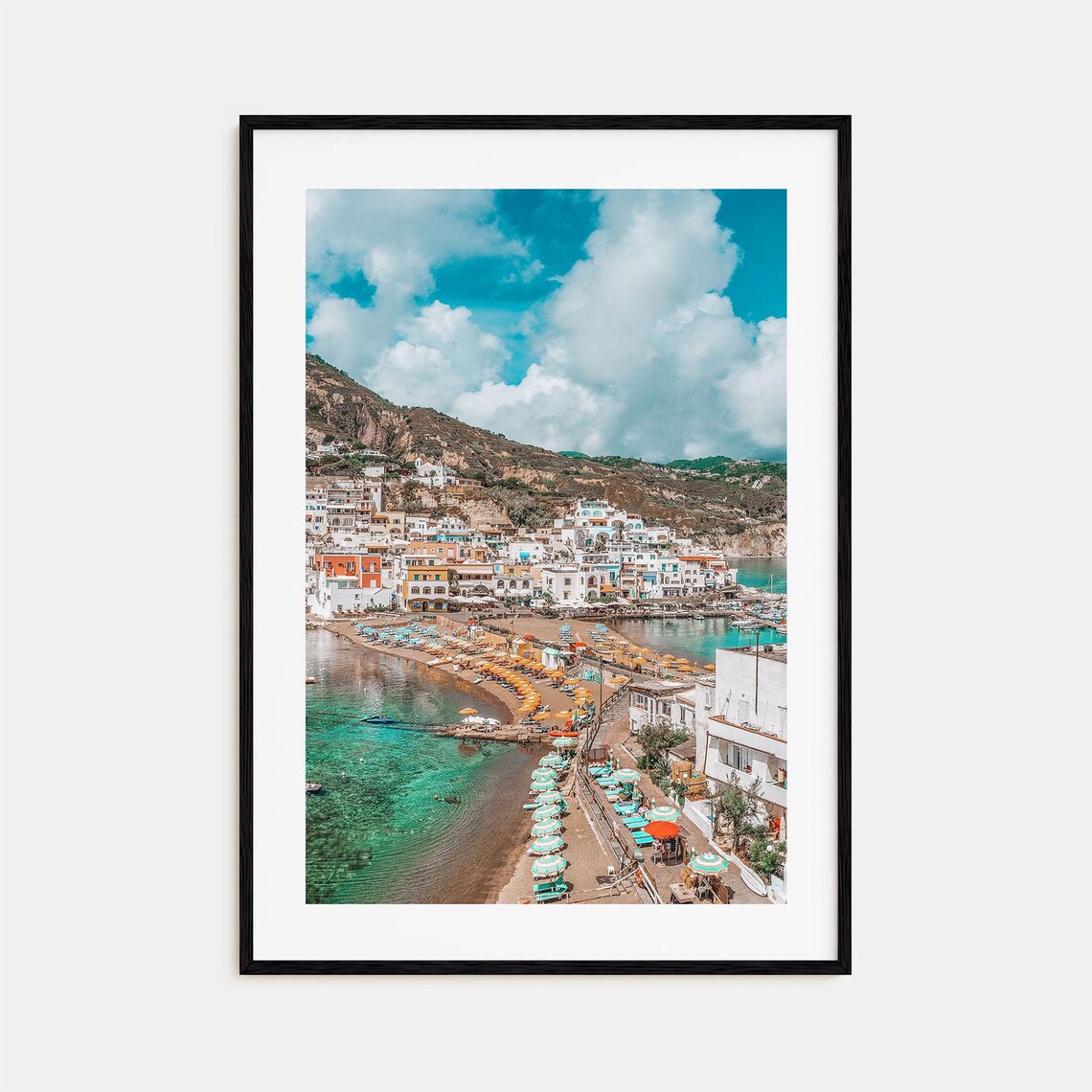Ischia Italy Pastel Coastal Town Beach Umbrellas Island Poster