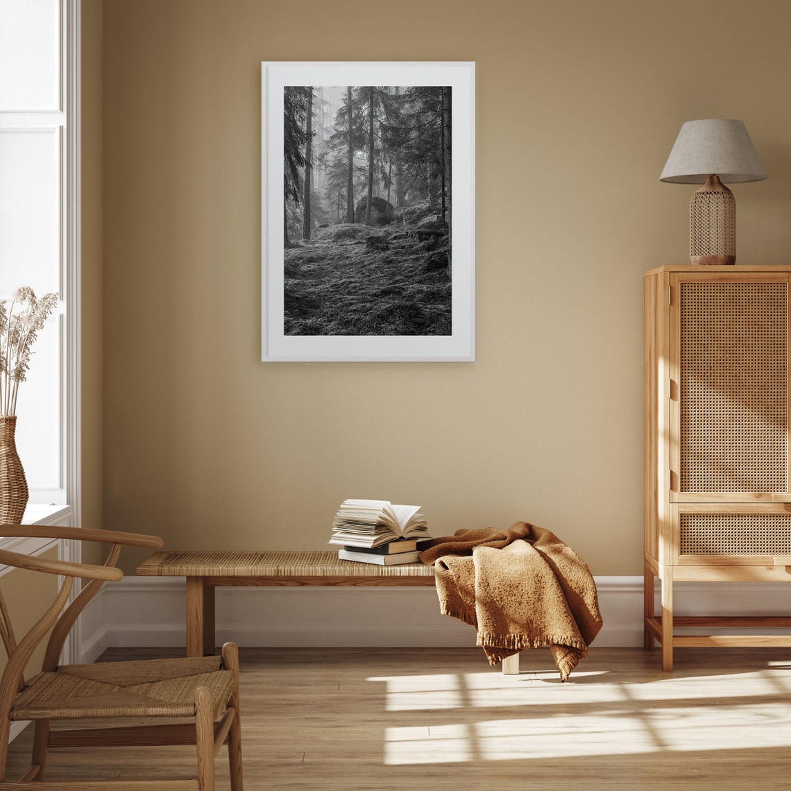 Misty Foggy Pine Forest With Boulders Black And White Poster - Image 3