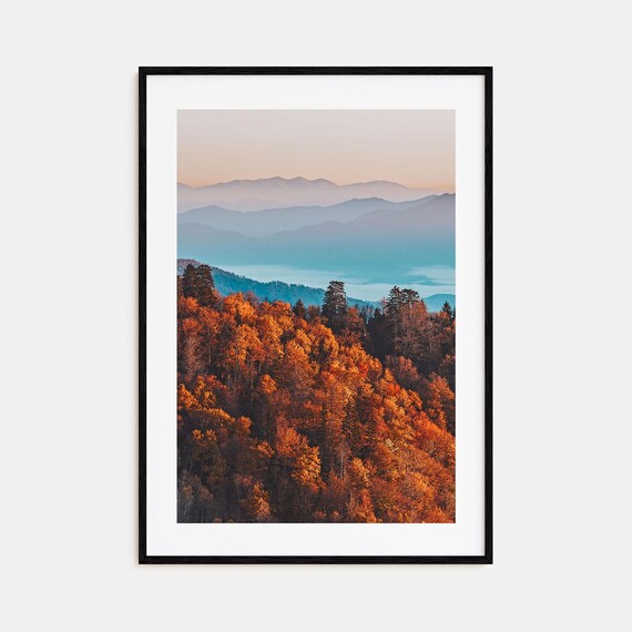 Great Smoky Mountains Dawn Over Orange Autumn Forest Scenic Print