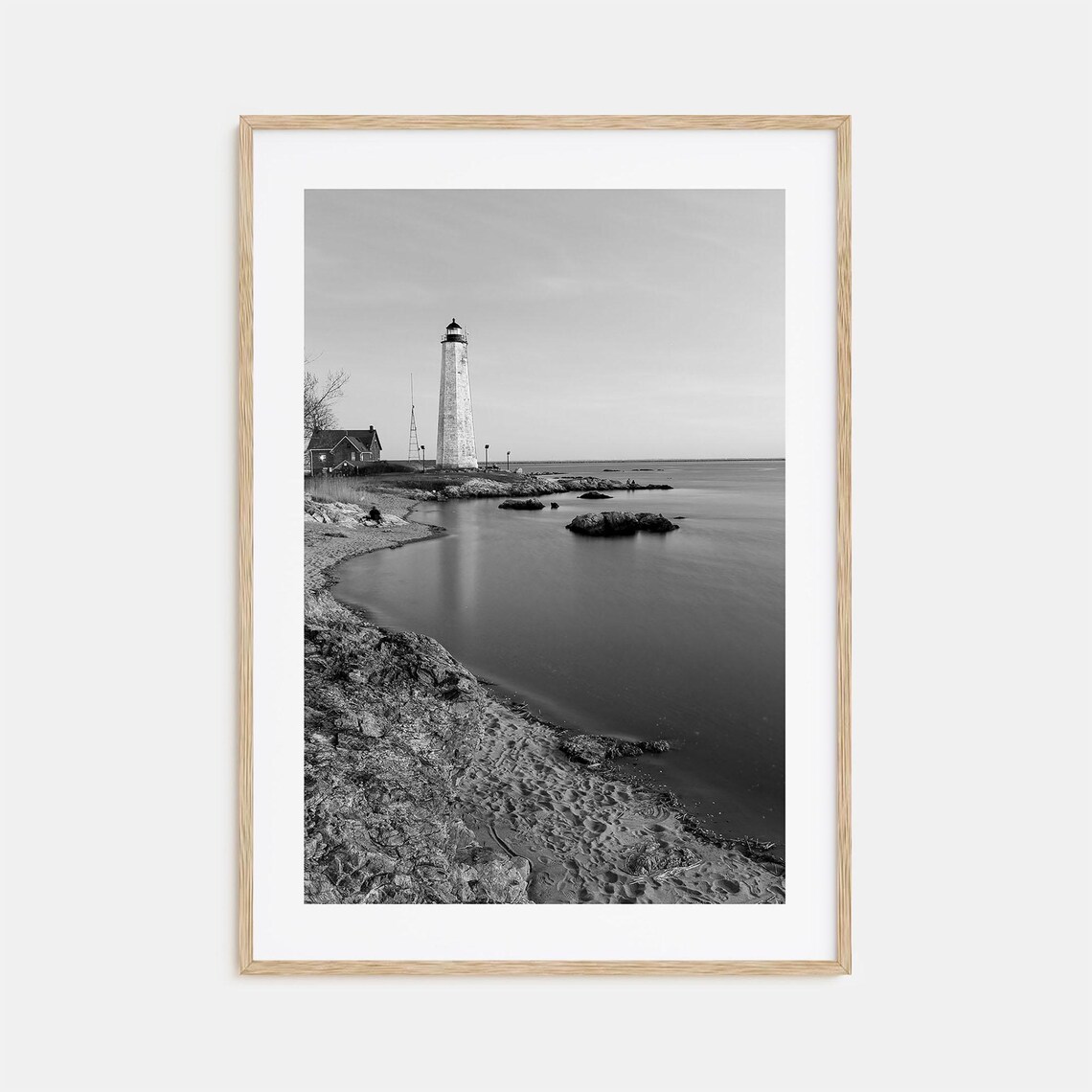 Connecticut Lighthouse Rocky Shore Black And White Coastal Poster