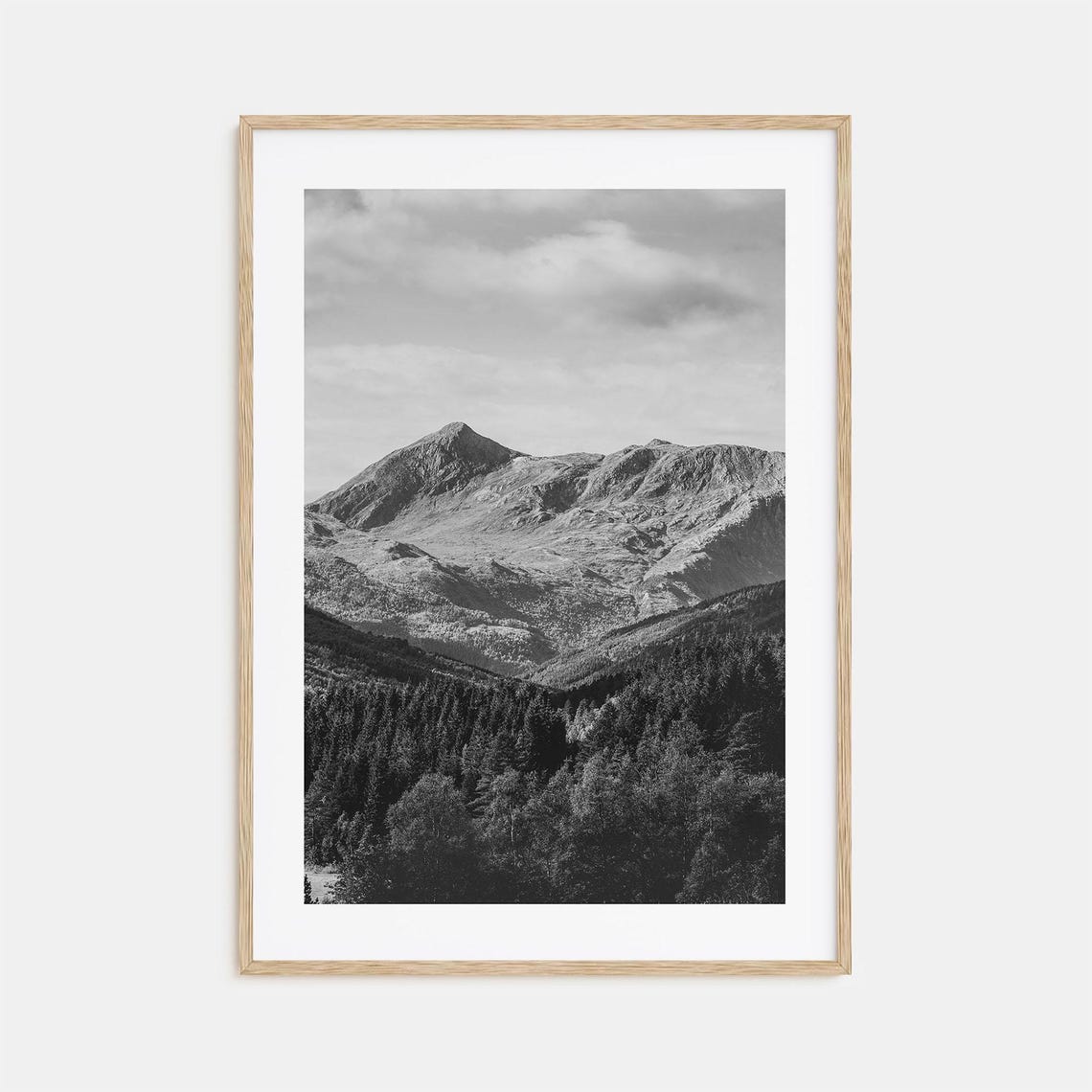 Rugged Mountain Peak Above Dark Forest Black And White Photo Poster