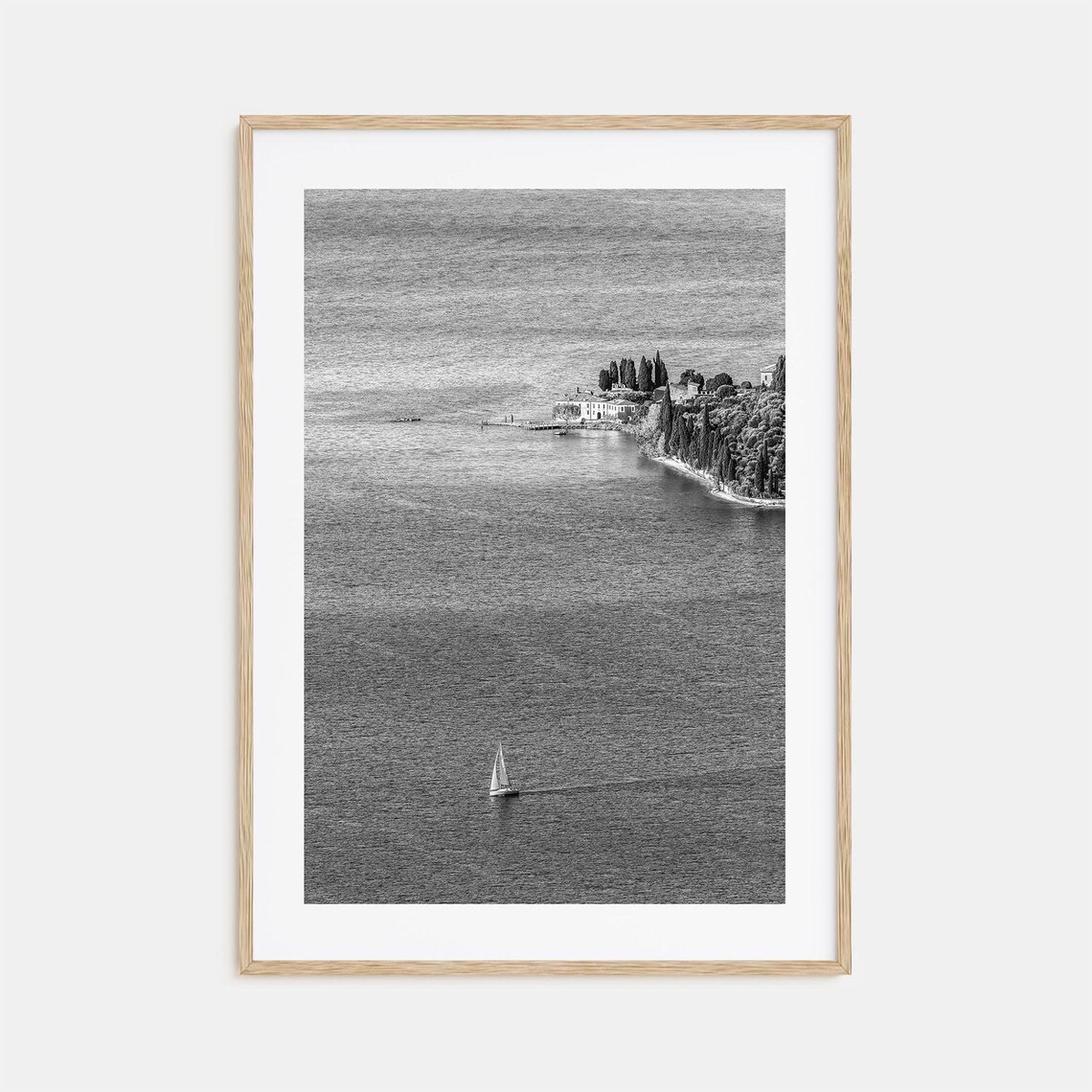 Italy Sailboat Lake Villa Cypress Black And White Photo Travel Poster