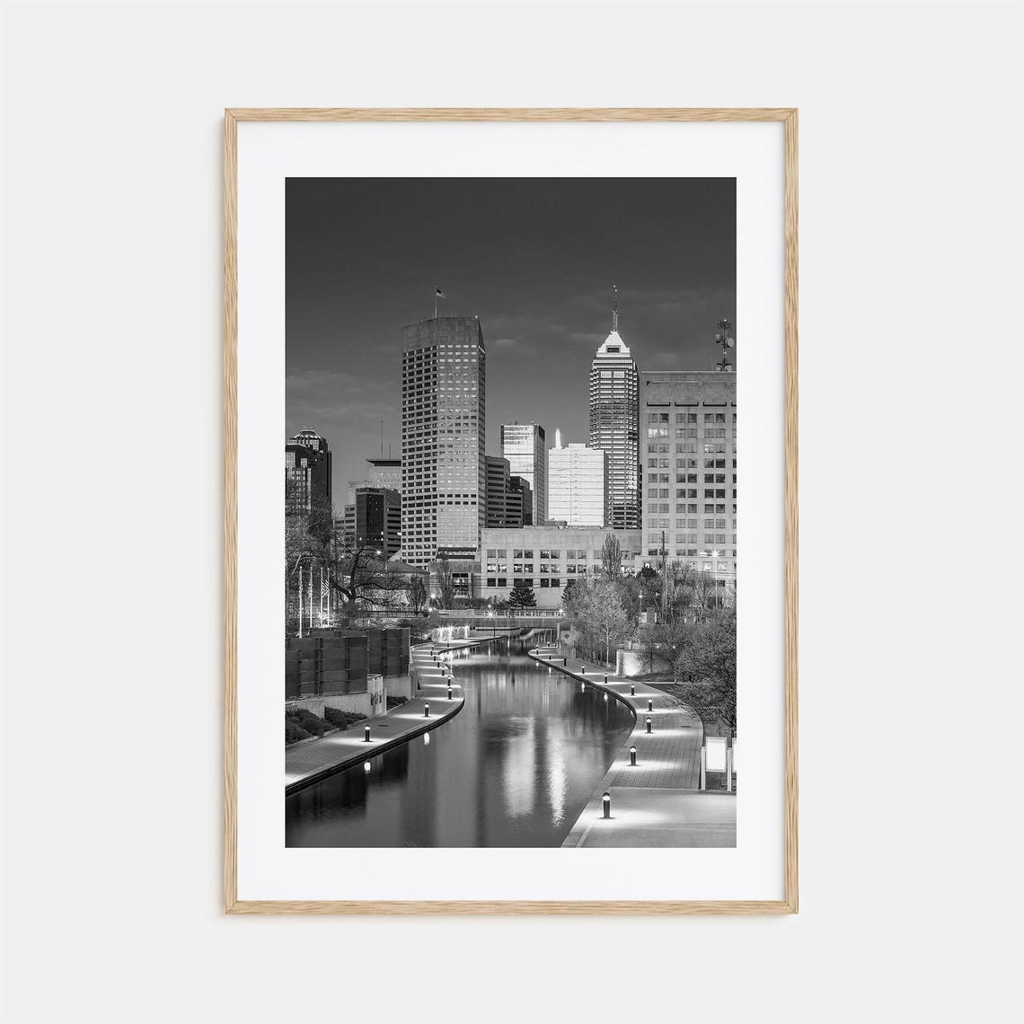 Indianapolis Skyline White River Canal Dusk Black and White Poster