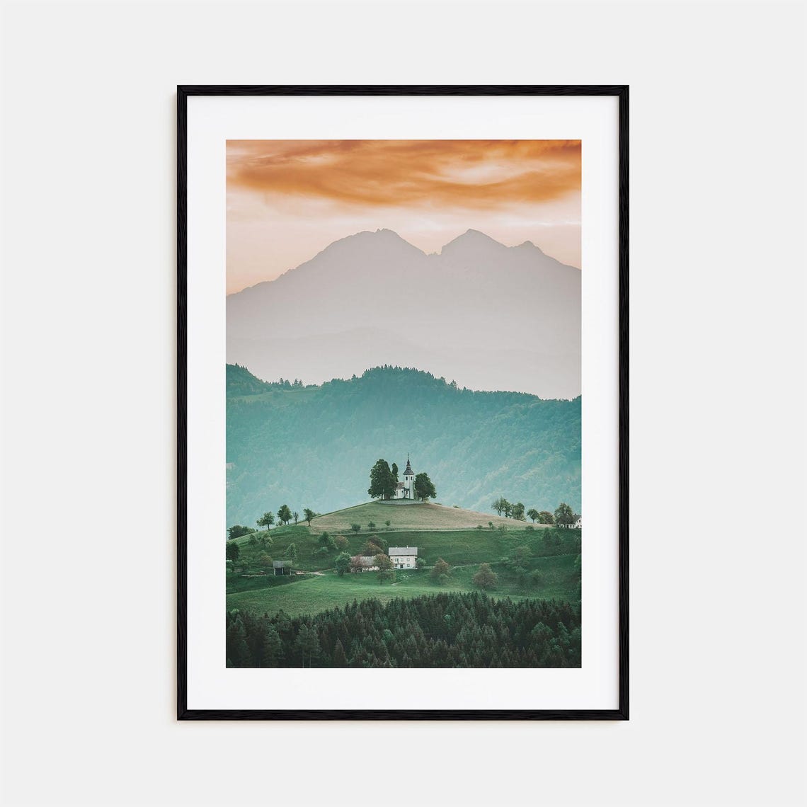 Saint Thomas Hilltop Church Sunrise Misty Mountain View Poster