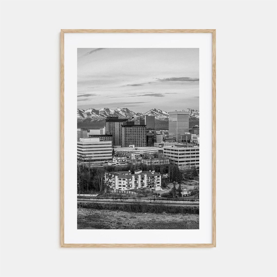 Anchorage Alaska Skyline With Snow Capped Mountains Black Poster