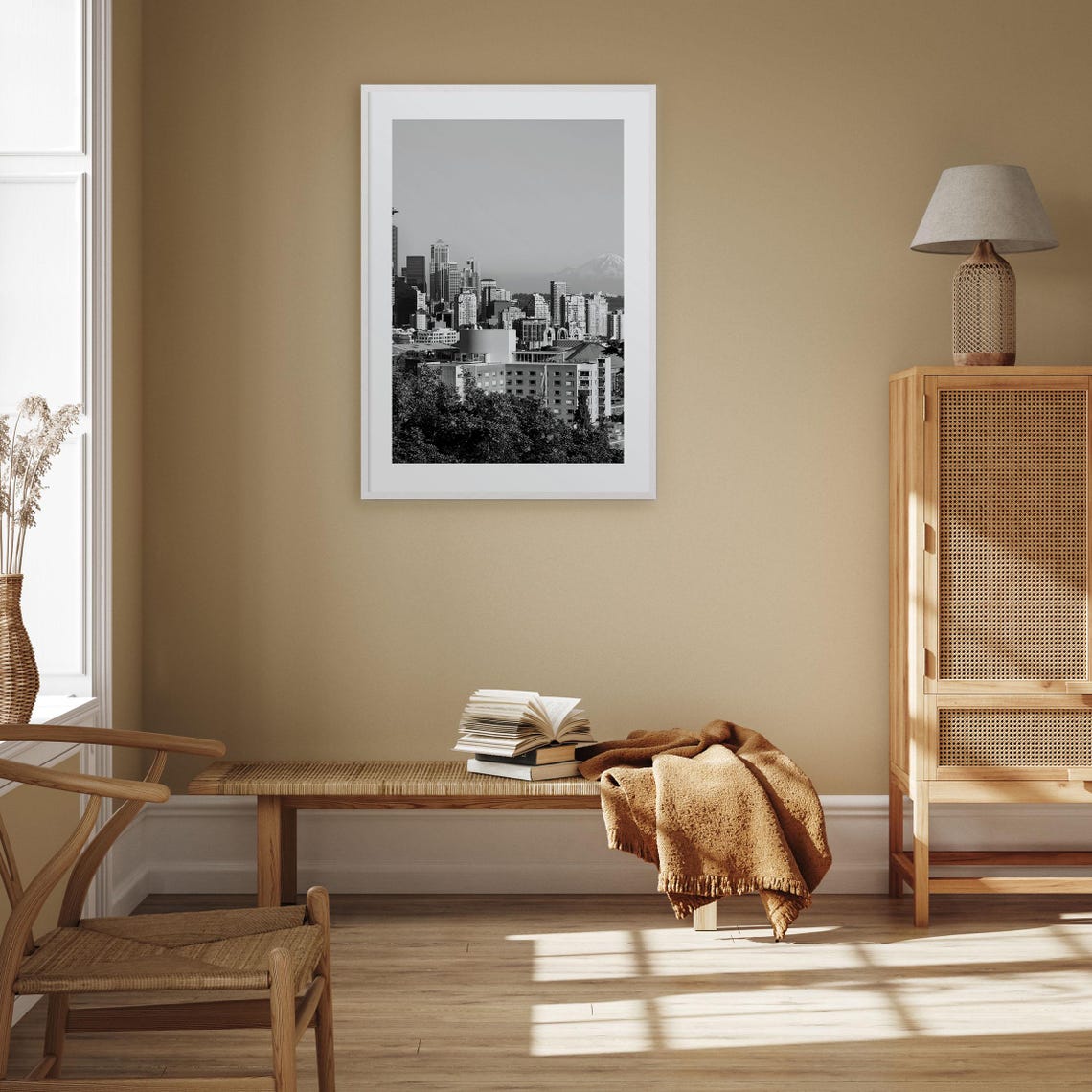 Seattle Space Needle Skyline Mount Rainier Distant Black White Poster - Image 3