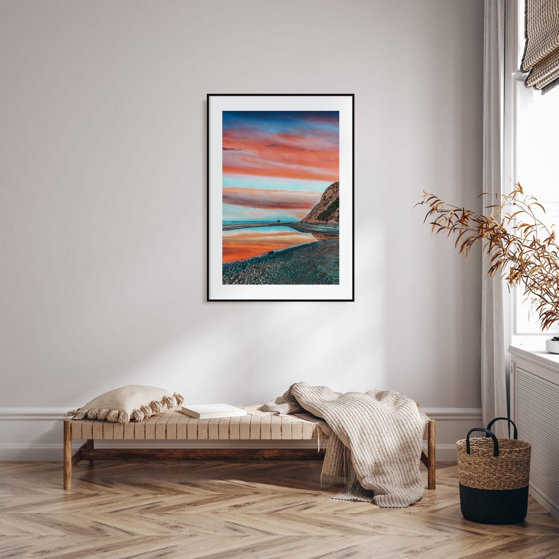 Beach Sunset Orange Sky Reflection on Wet Sand Photo Art Print - Image 2