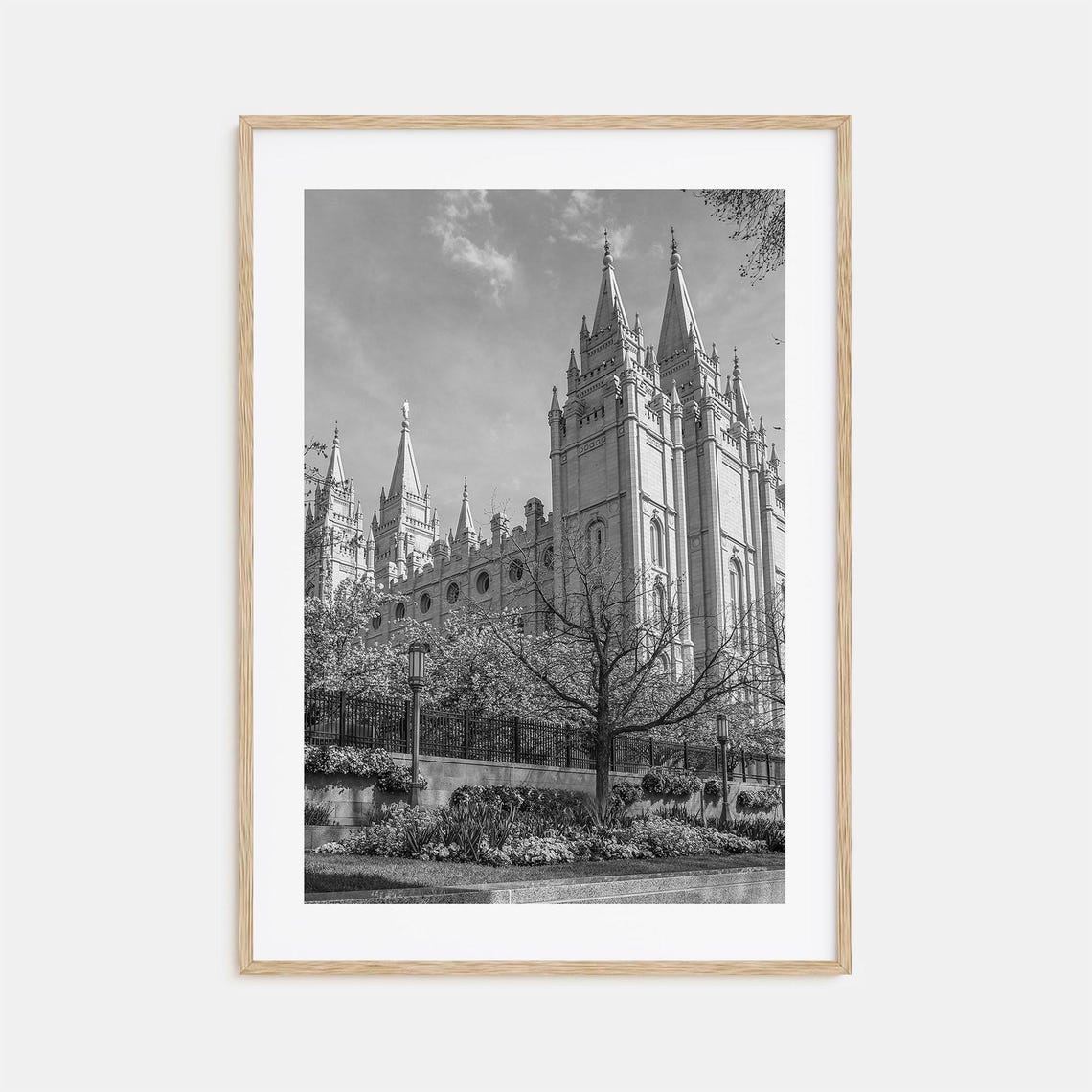Salt Lake City Twin Spired Temple Gardens Black And White Photo Poster