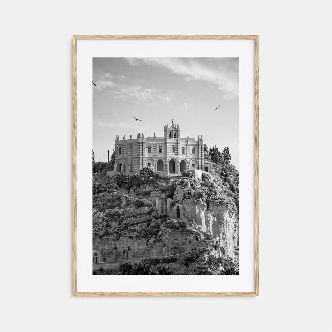 Calabria Hilltop Church Rocky Cliffs Birds Italy Black White Poster